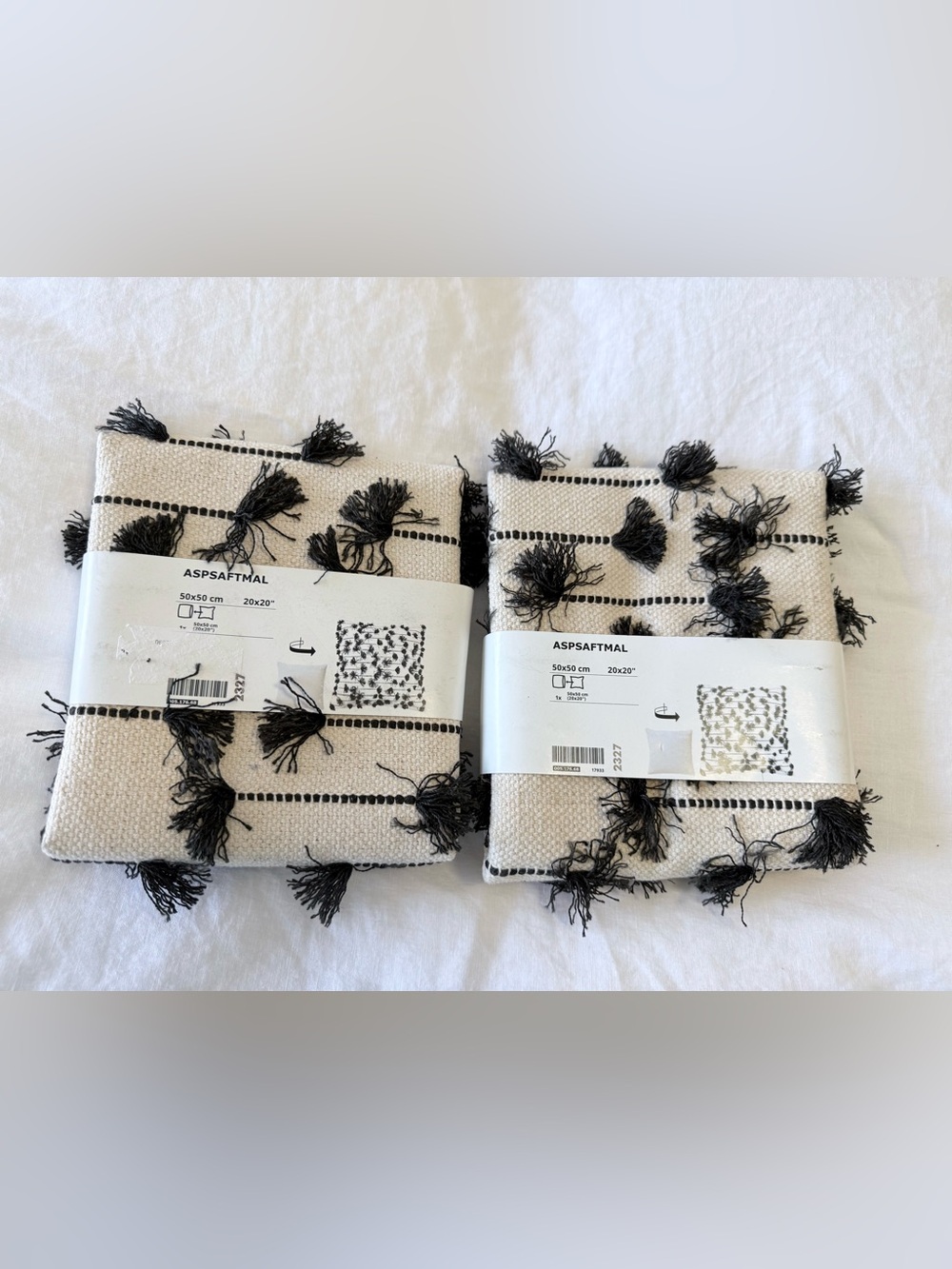 IKEA ASPSAFTMAL | Set Of 2 | Pillow Shams Cover Cream Black Tassels 20x20"